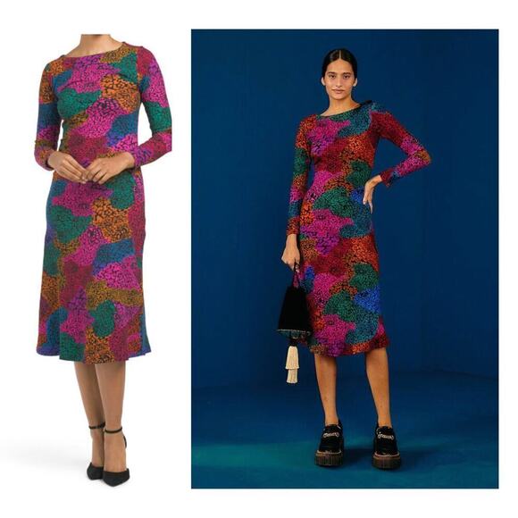 FARM Rio Rainbow Mix Jersey Dress Ribbed Knit Long Sleeve Midi Multi NWT Large - Picture 1 of 14